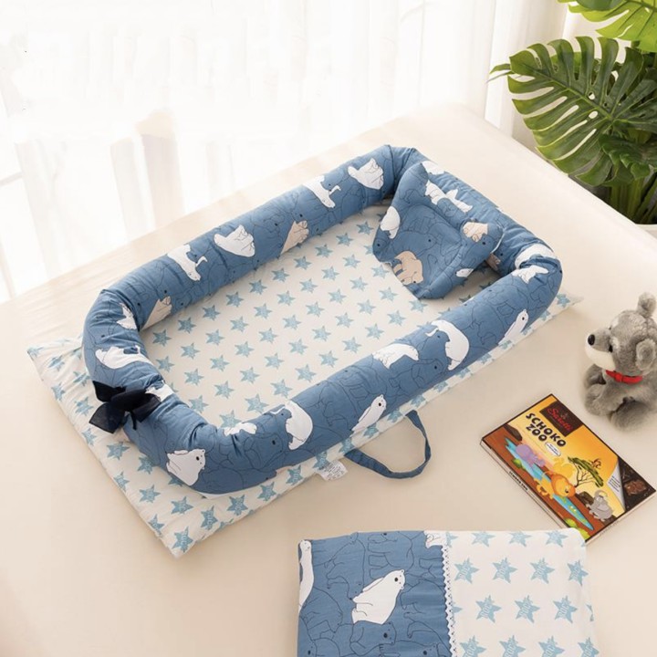 Giường nệm ngủ kèm gối cho bé Japan Bear Blue Cotton cao cấp