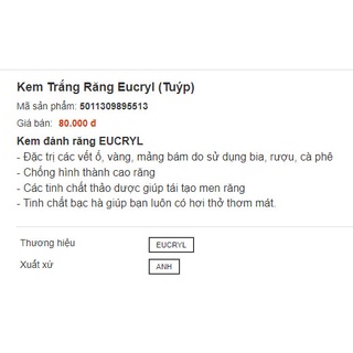 Kem Đánh Răng Bạc Hà Eucryl Toothpaste 62g