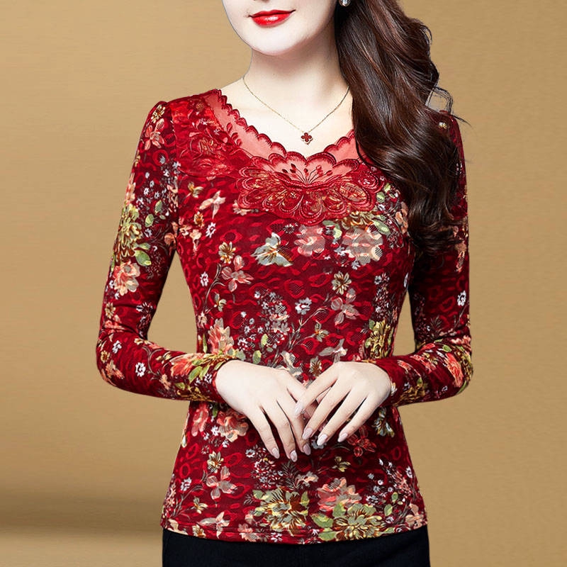 Autumn Winter Women Slim V-neck Long-sleeved Lace Bottoming Large Size fashion Shirt | BigBuy360 - bigbuy360.vn