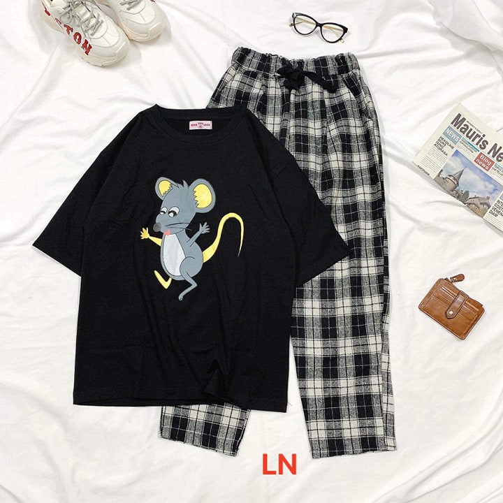 Set đồ áo thun chuột quần caro siêu đẹp