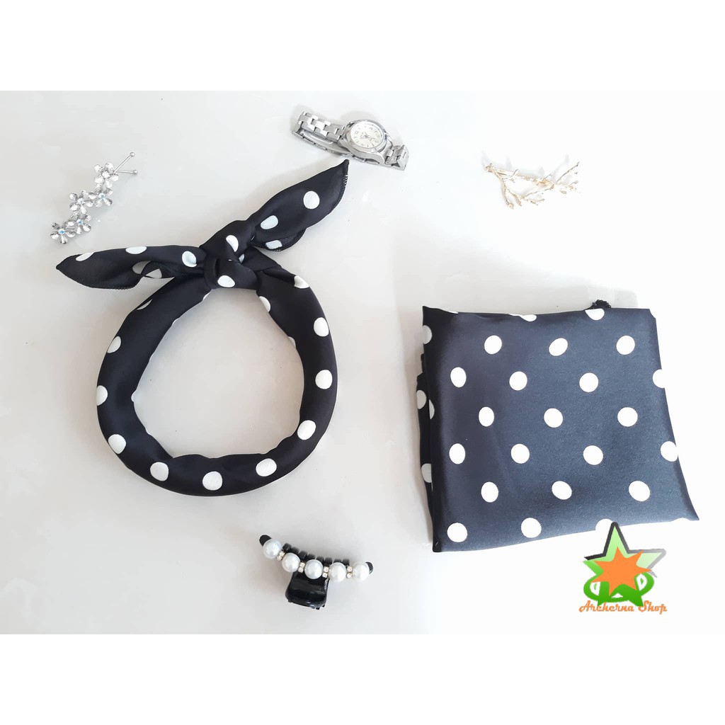 Khăn turban lụa satin vuông chấm bi