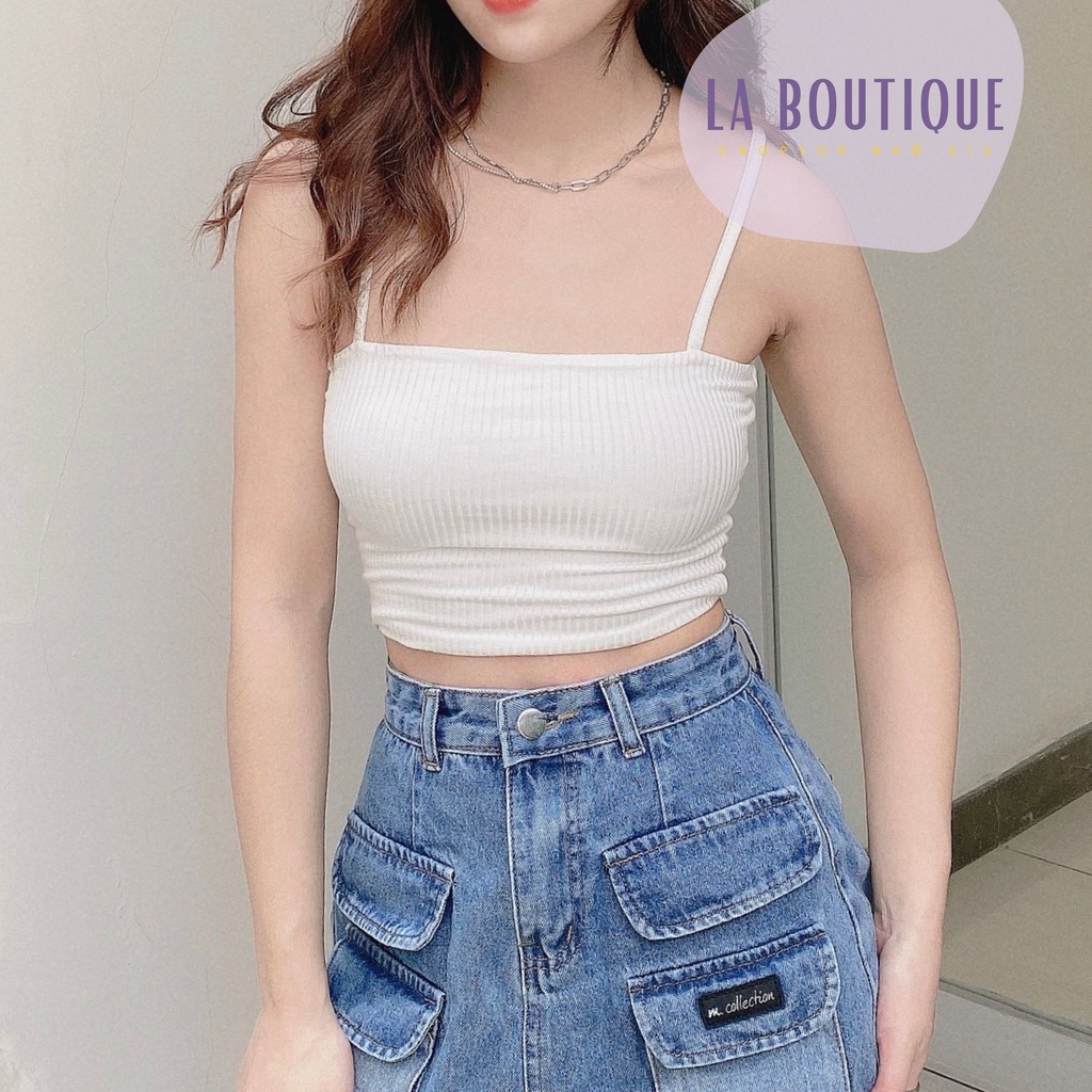 Áo 2 dây croptop nữ dáng ôm body LA BOUTIQUE thun gân freesize 2 lớp màu trắng đen sọc kẻ ngang