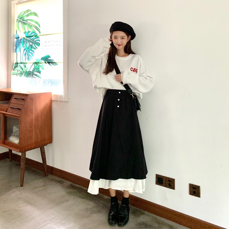 CHÂN VÁY DÀI kiểu dáng ulzzang phối 2 màu đen trắng phong cách Hàn Quốc xinh xắn CV011 | BigBuy360 - bigbuy360.vn