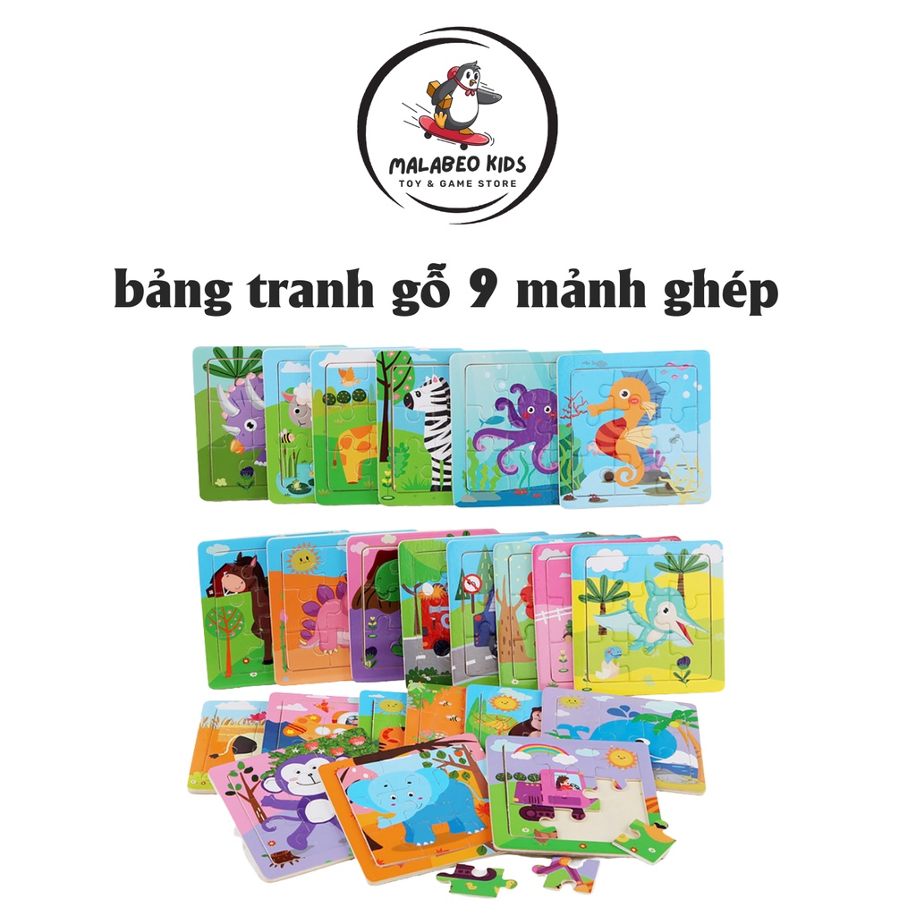 Đồ chơi xếp hình tranh gỗ 9 miếng hình động vật ngộ nghĩnh MALABEO KIDS, tranh ghép gỗ thông minh cho bé