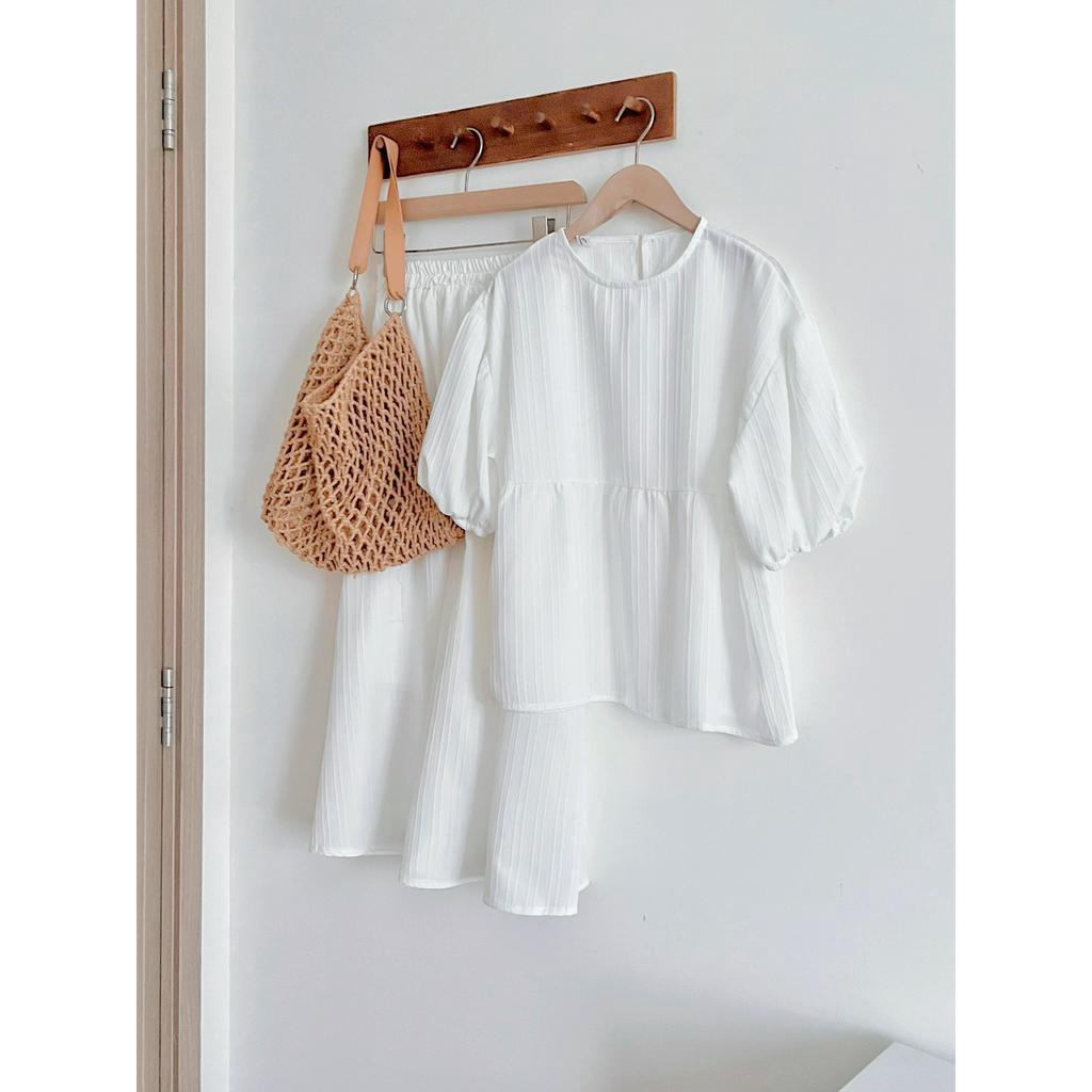 Set áo gân tay bồng kèm chân váy dáng dài 5 màu