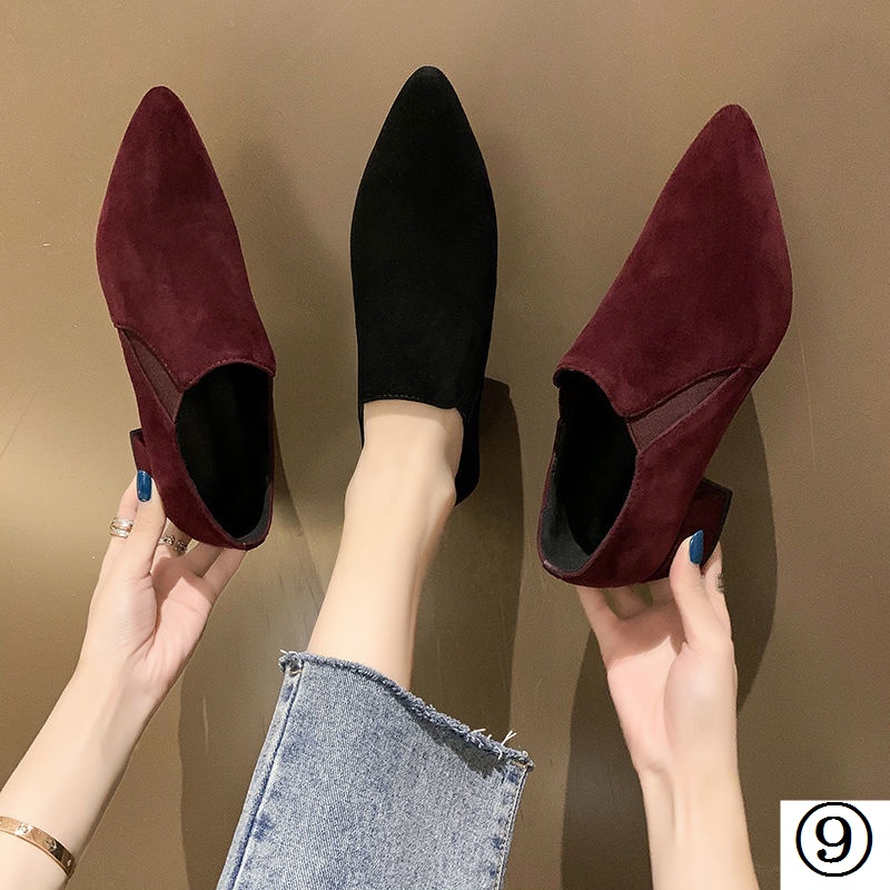 Giày Búp Bê Mũi Nhọn Gót Thấp Dày Dặn Màu Đen Phong Cách Anh Quốc Thời Trang Cho Nữ