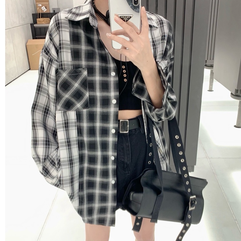 SUXI Áo Khoác Sơ Mi Chống Nắng Dáng Rộng Kẻ Sọc Ca Rô Trắng Đen Kiểu Retro Thời Trang Mùa Thu Cho Nữ