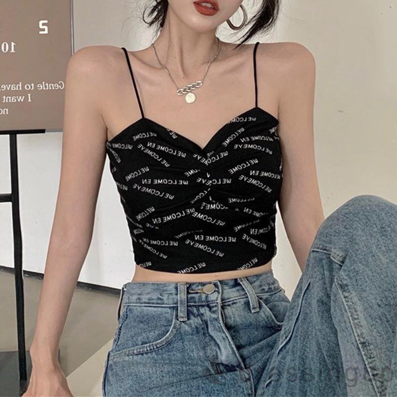 Áo croptop 2 dây cổ chữ V in họa tiết chữ quyến rũ cho nữ