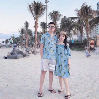 Set đồ đôi áo sơ mi + váy trễ vai