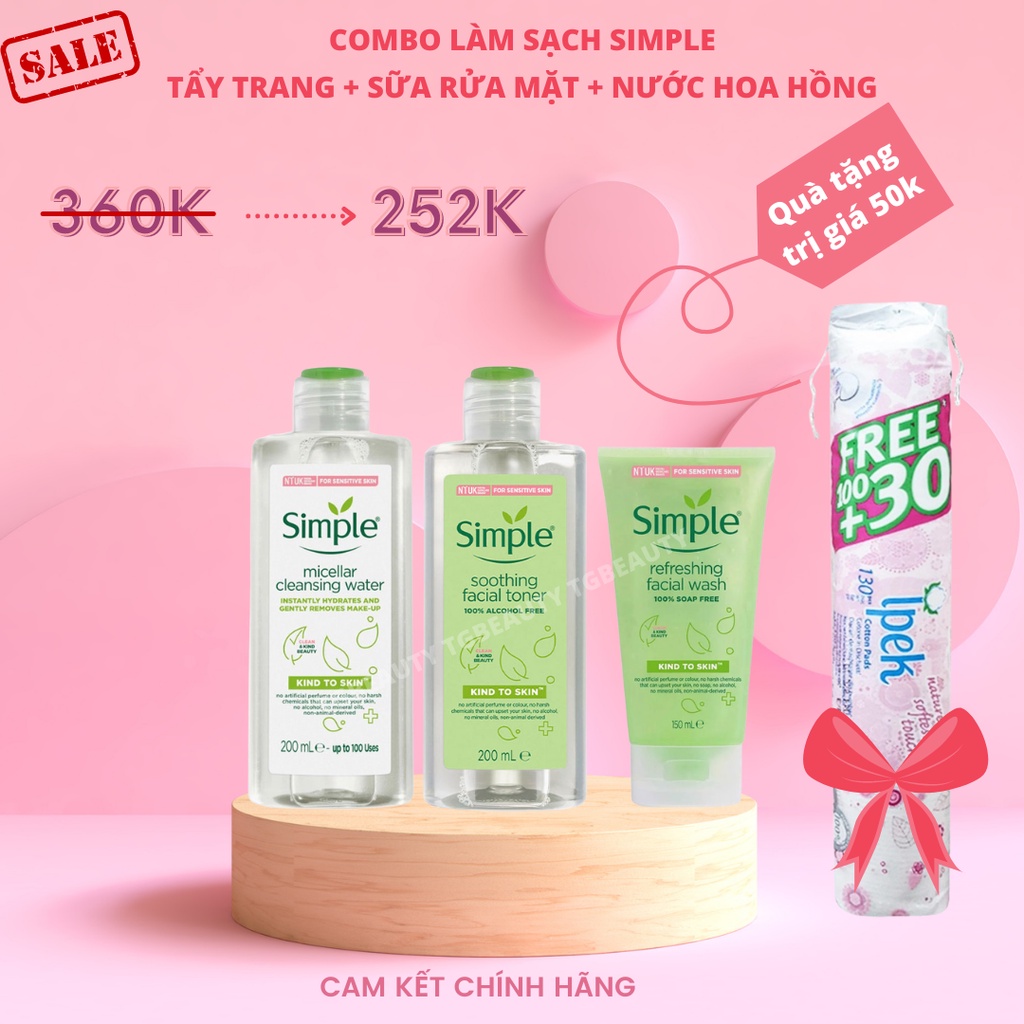 Bộ dưỡng da trọn gói dịu nhẹ Simple (Tẩy trang + Sữa rửa mặt + Toner + Sữa dưỡng) Tặng kèm bông tẩy trang