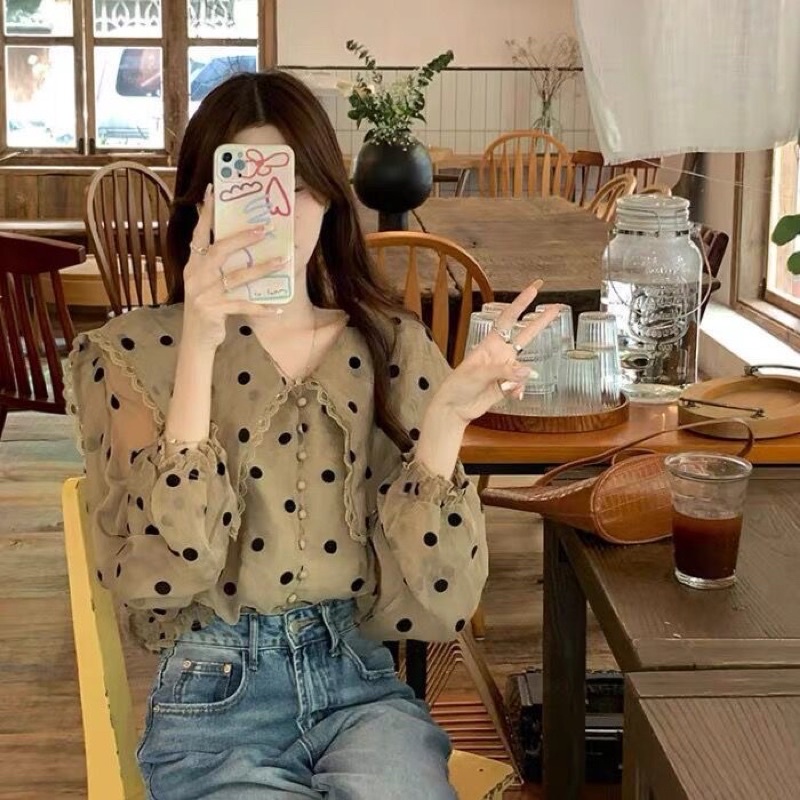 Áo sơ mi chấm bi cổ bèo hàng QC loại 1