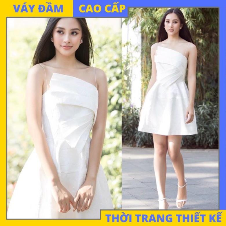 Đầm trắng gấm hai dây xoè đắp nơ ngực dự tiệc đi chơi dạo phố sang trọng (CÓ ĐỆM NGỰC) [HÀNG THIẾT KẾ CAO CẤP]