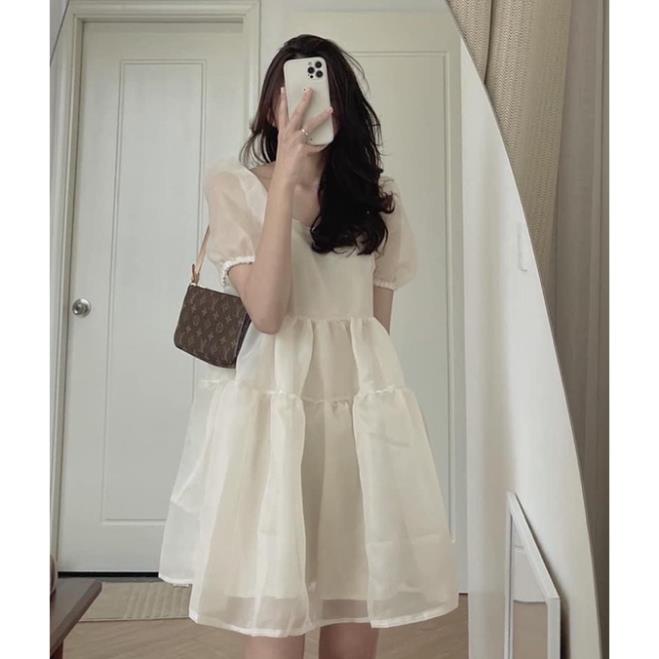 Váy Babydoll Voan Tơ Bồng Bềnh 2 Lớp Cổ Vuông Vintage( Hàng Có Sẵn, Ảnh Thật)