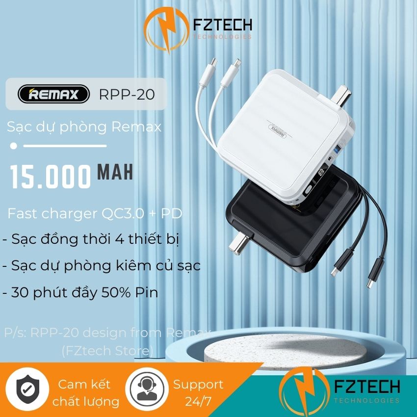 Pin sạc dự phòng đa năng 1500mAh Remax RPP-20 FZTECH Sạc dự phòng kèm củ sạc nhanh 2 dây sạc Lightning và type C 18w