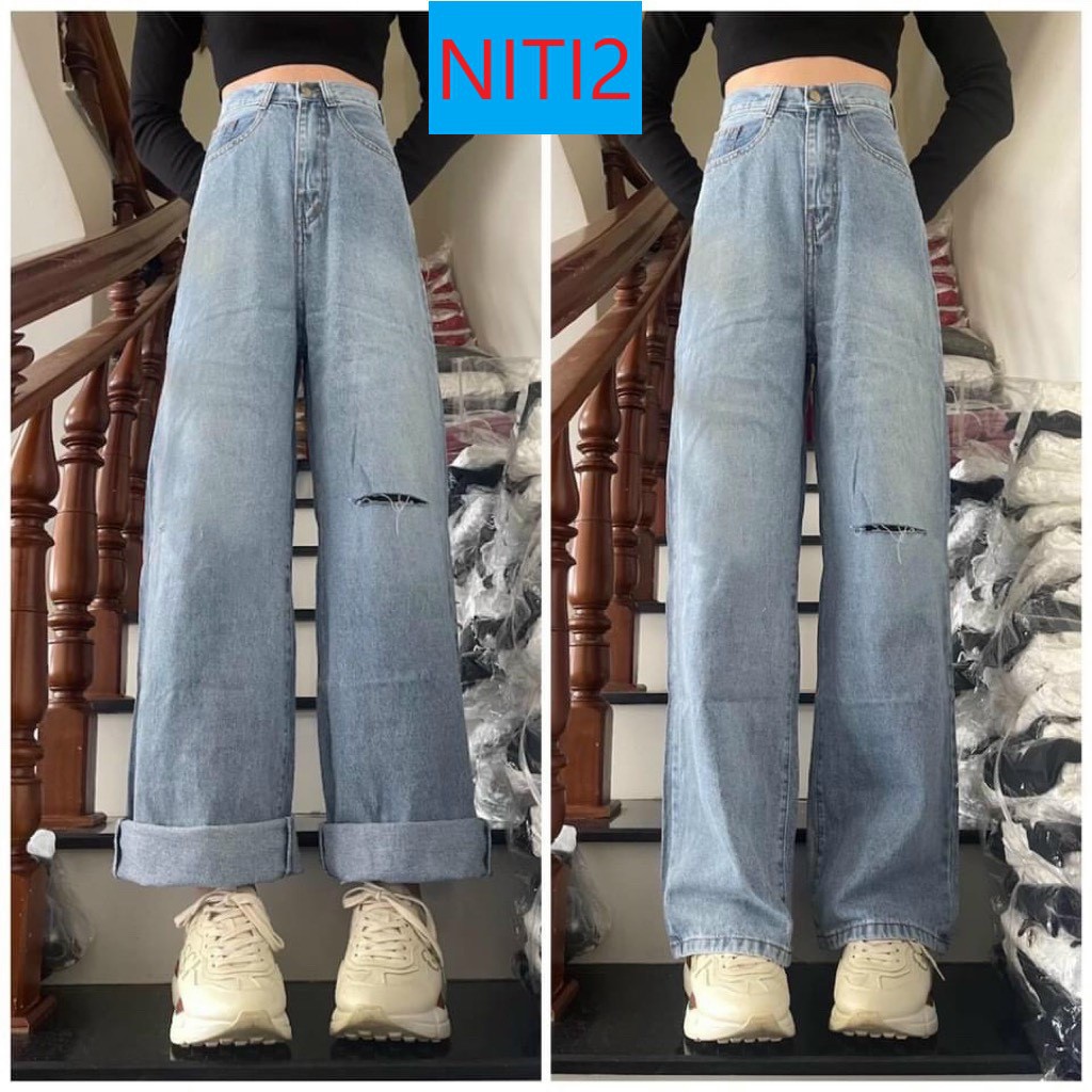 QUẦN JEAN ỐNG RỘNG NỮ LƯNG CAO RÁCH ĐÙI TRÁI LAI CUỐN FORM DÀI RỘNG MÀU XANH NHẠT LAI CUỐN SIÊU TÔN DÁNG CỰC ĐẲNG CẤP