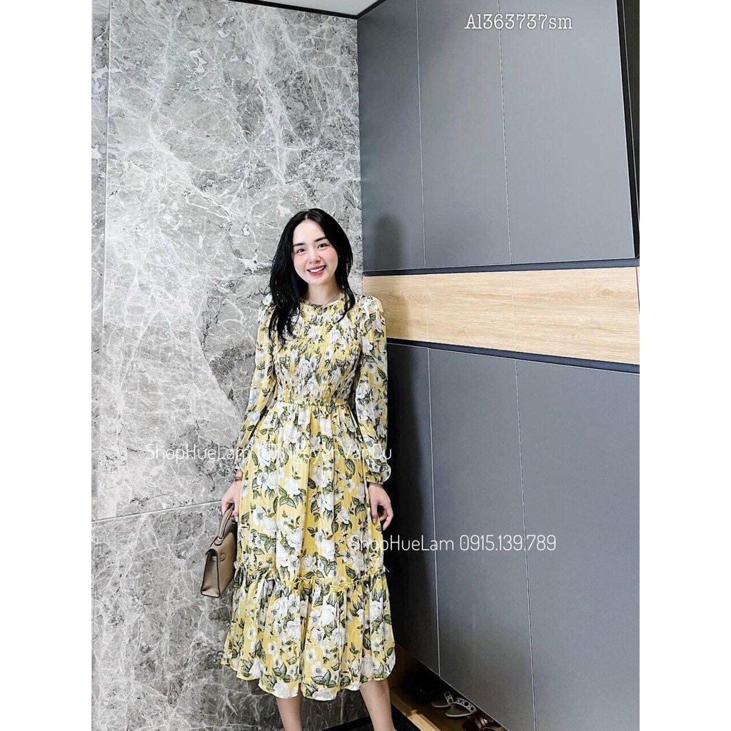Đầm hoa nhún ngực tay dài