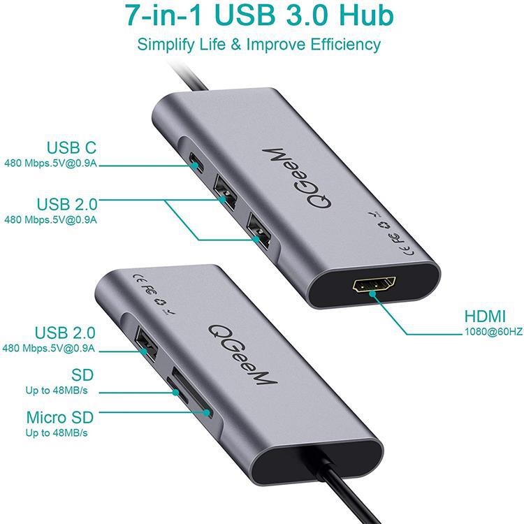 Hub chuyển đổi chia USB 3.0 QGeeM 7 trong 1 4K sang HDMI, 3 x USB-A, 1 x USB-C sạc nhanh PD 100w, 1 khe đọc thẻ SD&TF