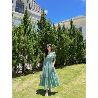 Lalya_d386_váy trễ vai dập ly - xanh