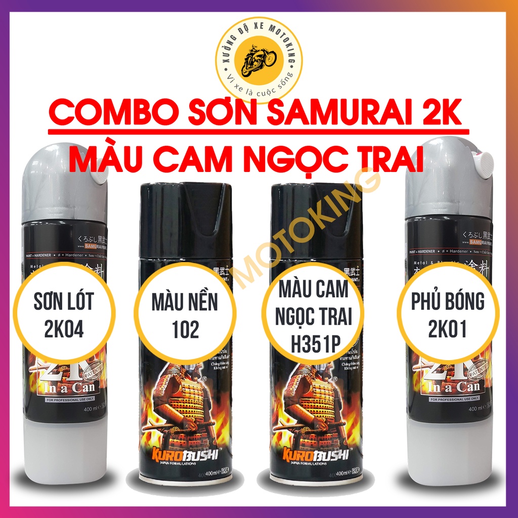 Combo Sơn Samurai màu cam ngọc trai H351P  loại 2K chuẩn quy trình độ bền 5 năm gồm 4 chai 2K04 - 102 - H351- - 2K01