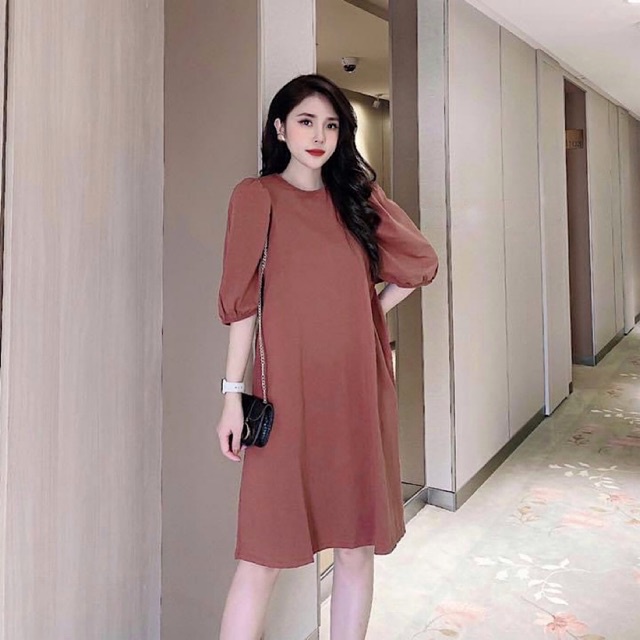 Váy suông chất đũi hàn cổ tròn freesize dáng rộng công sở - Đầm bầu trơn thanh lịch tay lỡ dáng dài dạo phố
