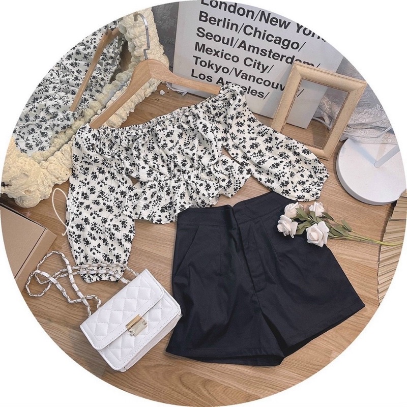 SET ÁO HOA PEPLUM CROPTOP BẸT VAI BO CHUN EO + QUẦN SHORT ĐEN