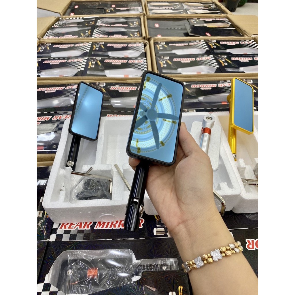 Gương Xe Máy vuông kiểu iphone, Gương Rizoma - mặt kính chống chói - thân nhôm CNC