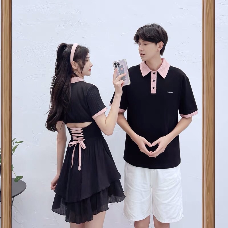 Váy Polo Nữ Màu Đen Buộc Dây Nơ Lưng Cổ Sơ Mi Dáng Xoè Phong Cách Hàn Quốc Năng Động Thể Thao Cá Tính Loại 1