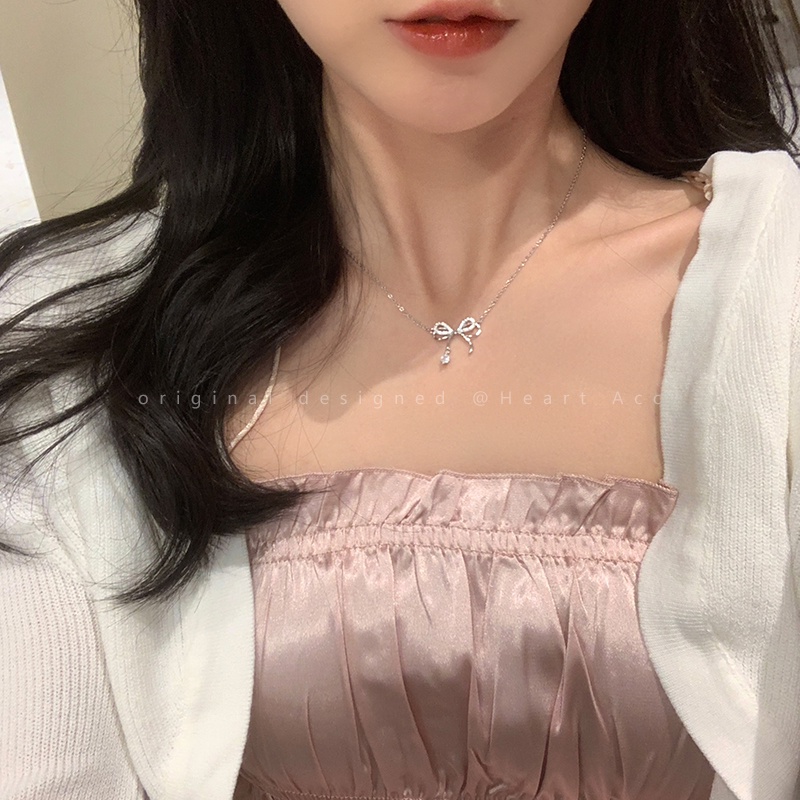 Vòng cổ Mạ Bạc Mặt Nơ Đính Đá Đơn Giản