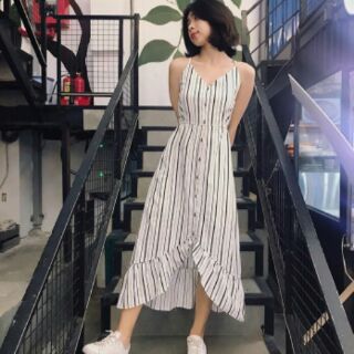 ĐẦM MAXI HAI DÂY LỤA VẠT ĐÔI CÀI NÚT