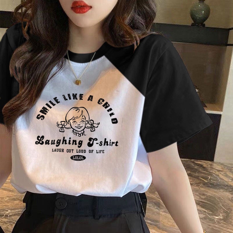 Áo Thun Raglan Tay Ngắn Dáng Rộng Che Phủ Bụng Thời Trang Dành Cho Nữ