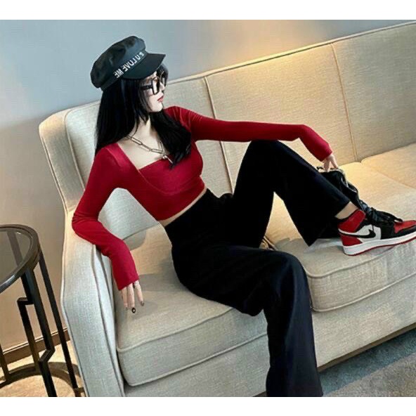 Áo Croptop Gân Bó TAy Dài Cổ vuông Siêu Xinh TTVV0028