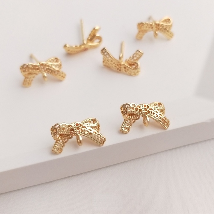 Một Cặp Bông Tai Bằng Đồng 14K Phối Ren Màu Vàng Đồng Hình Nơ Có Khuyên Tai S925 diy