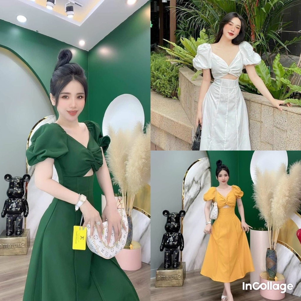 Đầm váy nữ lụa xoắn ngực họa tiết 5 màu cổ chữ V khoét eo tôn dáng trẻ trung sang trọng thanh lịch siêu xinh