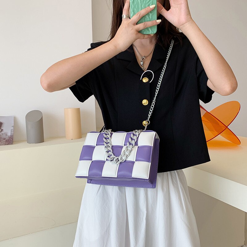 Túi đeo vai nữ JASMIN NOIR họa tiết caro phối chuỗi đính đá thời trang sành điệu