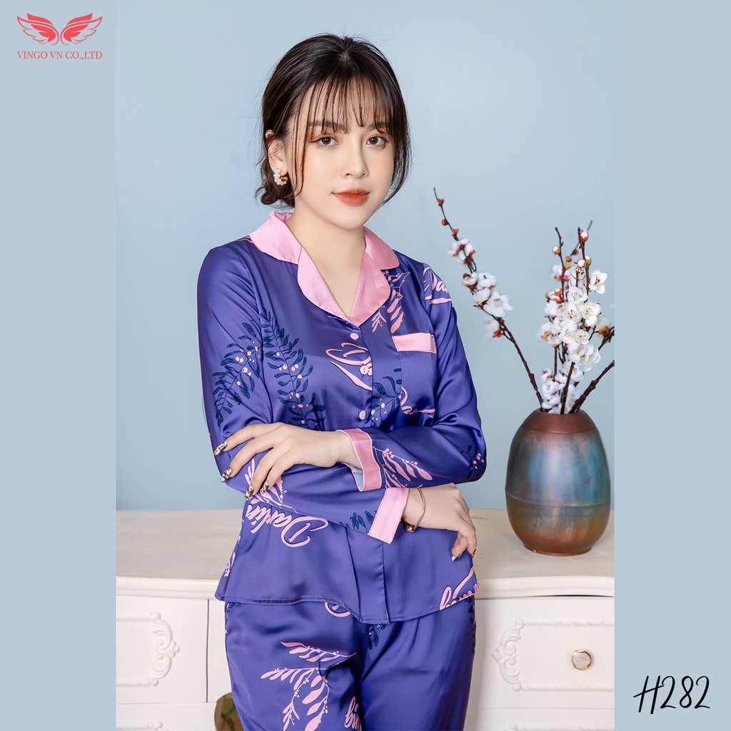 VINGO Bộ Pijama mặc nhà nữ tay dài quần dài Lụa Pháp cao cấp họa tiết cành lá phối chữ Darling hồng màu tím đậm H282 VNG