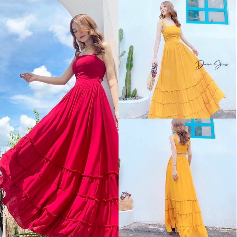 Đầm maxi hai dây nhún thun hở lưng nối tầng đi biển du lịch (Ảnh thật trãi sàn)
