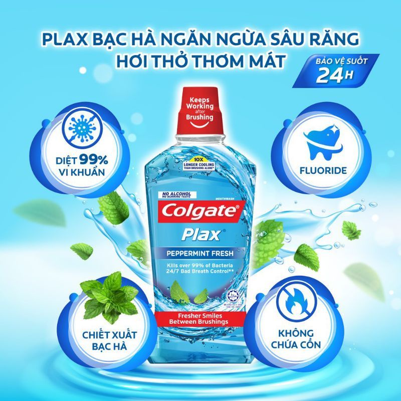 Nước súc miệng Colgate diệt 99% vi khuẩn Plax bạc hà 100ml/chai