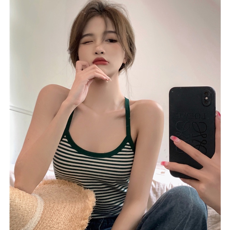 Áo Thun Không Tay Kẻ Sọc Màu Xanh Lá Thời Trang Mùa Hè Cổ Điển Cho Nữ