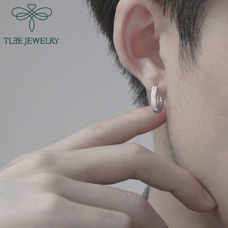 Khuyên tai bạc unisex TLEE nạm đá tròn bản to đính đá sang trọng TleeJewelry B0138