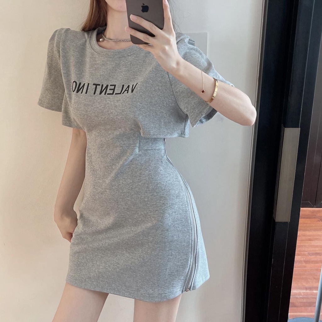 Pure Desire Hot Girl Đầm Ngắn Tay Cổ Tròn Hở Eo Phối Khóa Kéo Quyến Rũ Cho Nữ