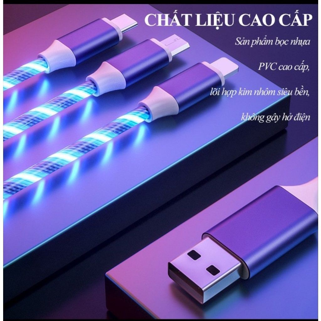 Dây cáp sạc nhanh 3 đầu loại C, dài 1m Phát Sáng cho điện thoại