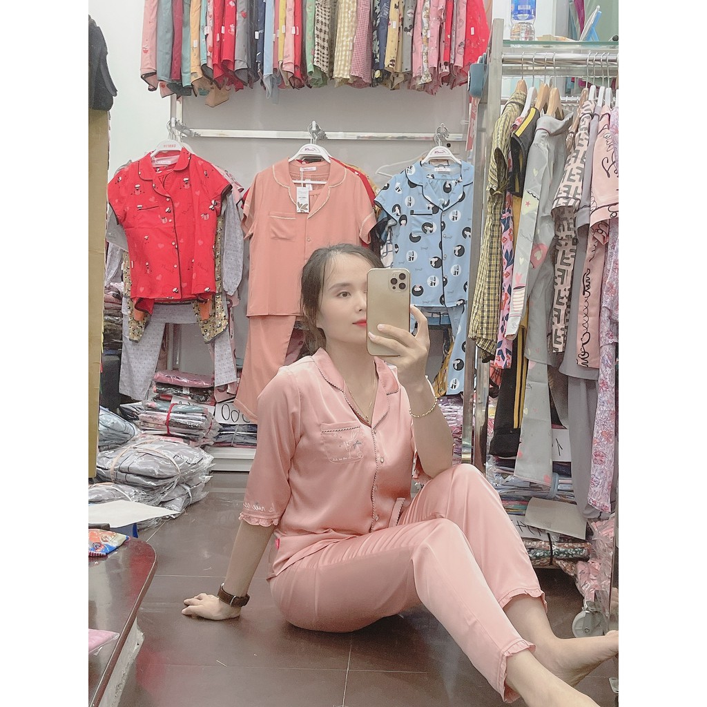 Đồ mặc nhà nữ hãng Sunfly - Bộ lụa trơn tay lỡ quần dài ST8701 (Ảnh hãng kèm ảnh chụp tại shop)