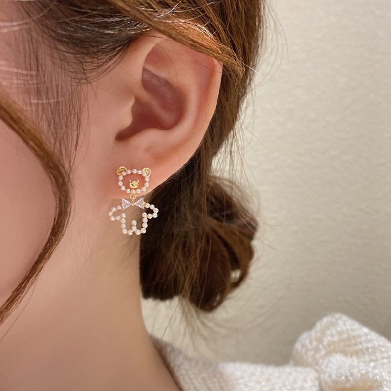 Bông Tai Hình Gấu Đính Ngọc Trai Lấp Lánh Dễ Thương Phong Cách Hàn Quốc Cho Nữ