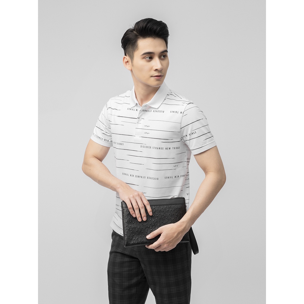 Áo thun polo nam Aristino APS045S1 phông có cổ bẻ dáng suông vừa mầu trắng in họa tiết chữ vải cotton cao cấp mềm mại