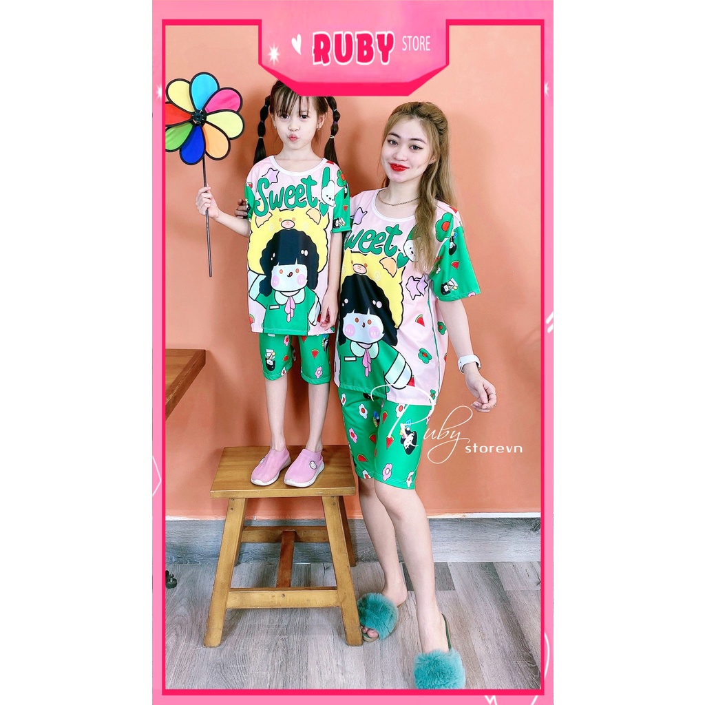 Đồ bộ thun quần LỬNG mẹ và bé mặc nhà  chất thun mềm mát in hình gấu sọc dễ thương DBRBL FULL SIZE
