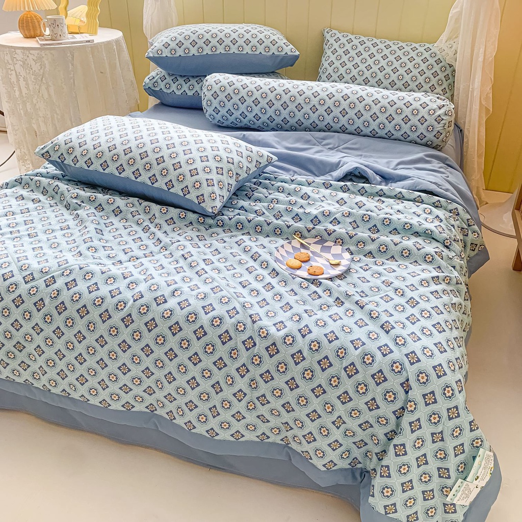 Set 5 món chăn ga gối Cotton Đũi, Bộ chăn gối mền họa tiết Hàn Quốc nhập khẩu mềm mịn