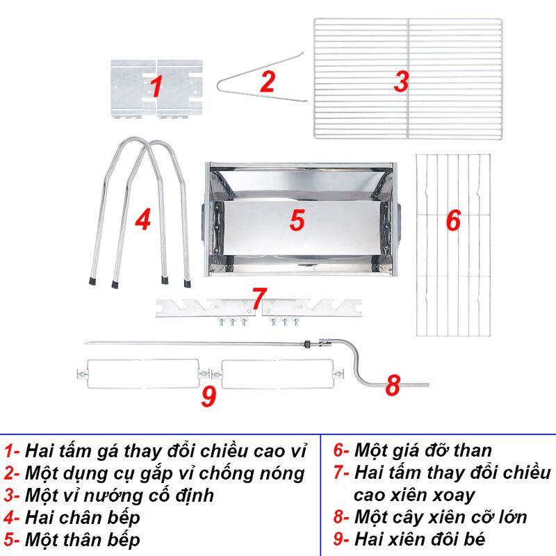 Bếp nướng than hoa không khói TBS chất liệu inox 304 toàn phần có 3 chế độ nướng kèm tay xoay dễ dàng xiên gà khi nướng