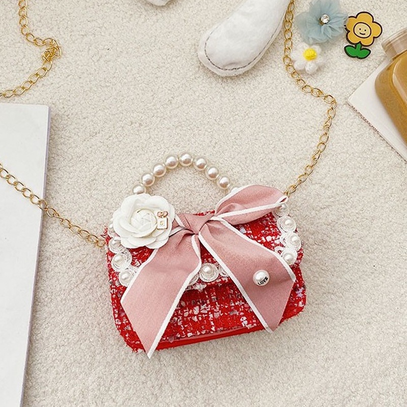 Túi Đeo Chéo Hình Nơ Đính Ngọc Trai Dễ Thương Cho Bé Gái
