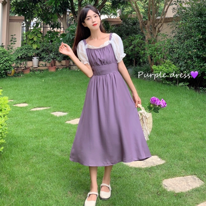 Đầm Perty midi dáng ôm màu tím thời trang mùa hè phong cách Hàn Quốc thanh lịch