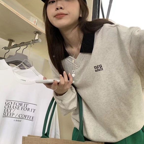 ZHELIHANGFEI Áo Thun Nỉ Tay Dài Có Cổ Dáng Rộng In Họa Tiết Phong Cách Preppy